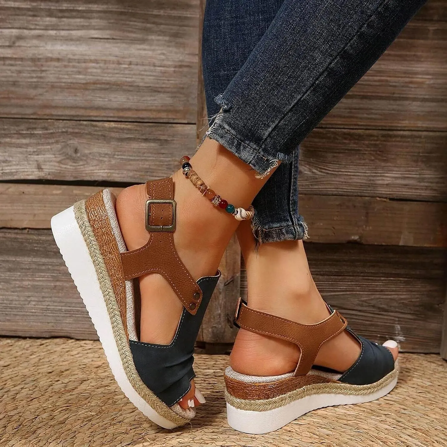 Womenyiaor Wedge Sandals for Women, Espadrilles for Women Open Toe Ankle Strap Wedge Heels Sandals Dressy Summer Platform Sandals Comfortable Slip on Sandals Orthopedic Sandals Casual (B-Navy, 8.5)