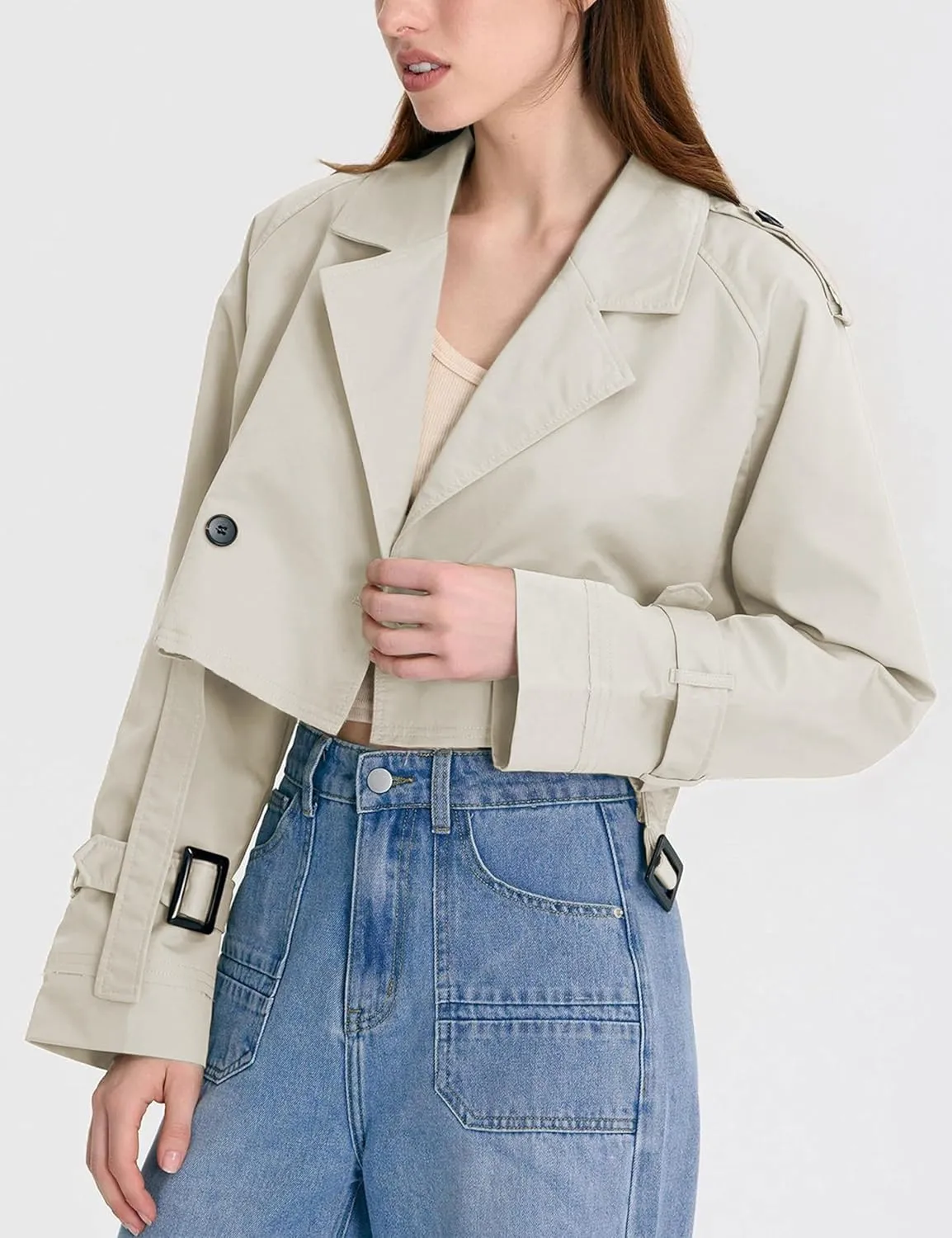 Xiaoxuemeng Womens Cropped Bike Jacket Casual Double Breasted Trench Coat with Belt