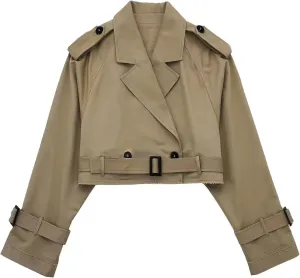 Xiaoxuemeng Womens Cropped Bike Jacket Casual Double Breasted Trench Coat with Belt