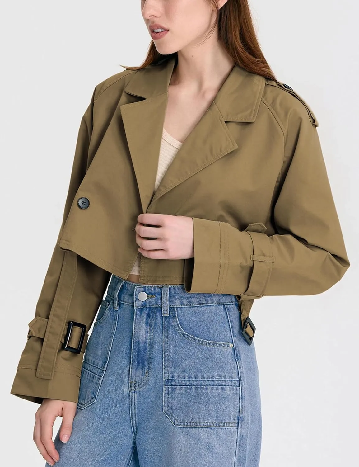 Xiaoxuemeng Womens Cropped Bike Jacket Casual Double Breasted Trench Coat with Belt