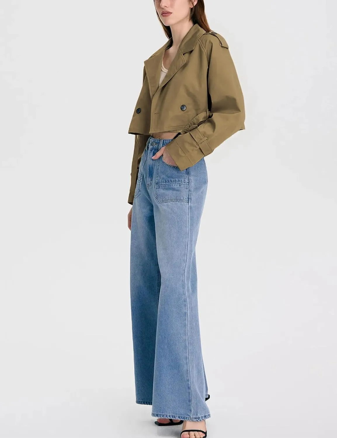 Xiaoxuemeng Womens Cropped Bike Jacket Casual Double Breasted Trench Coat with Belt