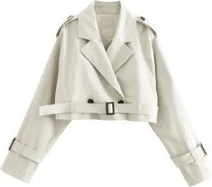 Xiaoxuemeng Womens Cropped Bike Jacket Casual Double Breasted Trench Coat with Belt