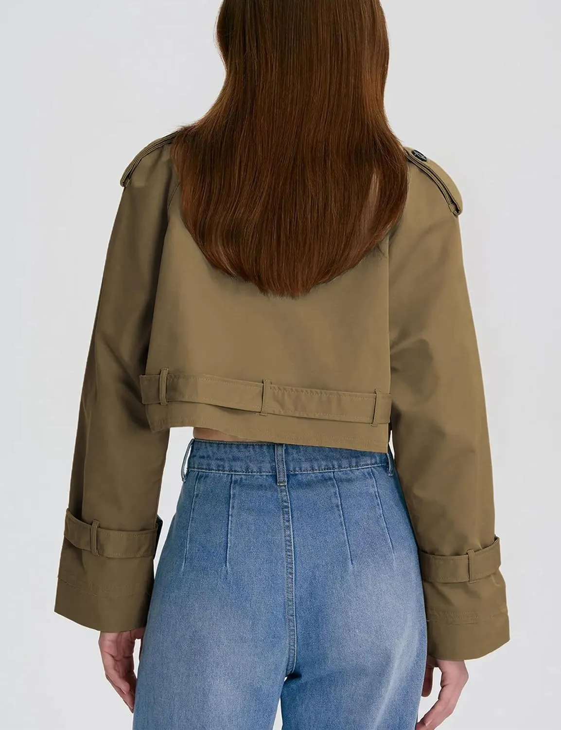 Xiaoxuemeng Womens Cropped Bike Jacket Casual Double Breasted Trench Coat with Belt