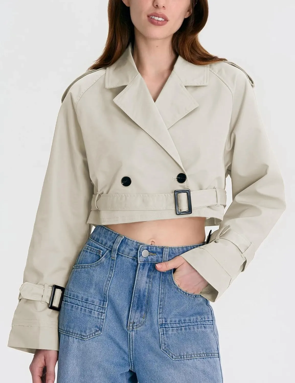 Xiaoxuemeng Womens Cropped Bike Jacket Casual Double Breasted Trench Coat with Belt
