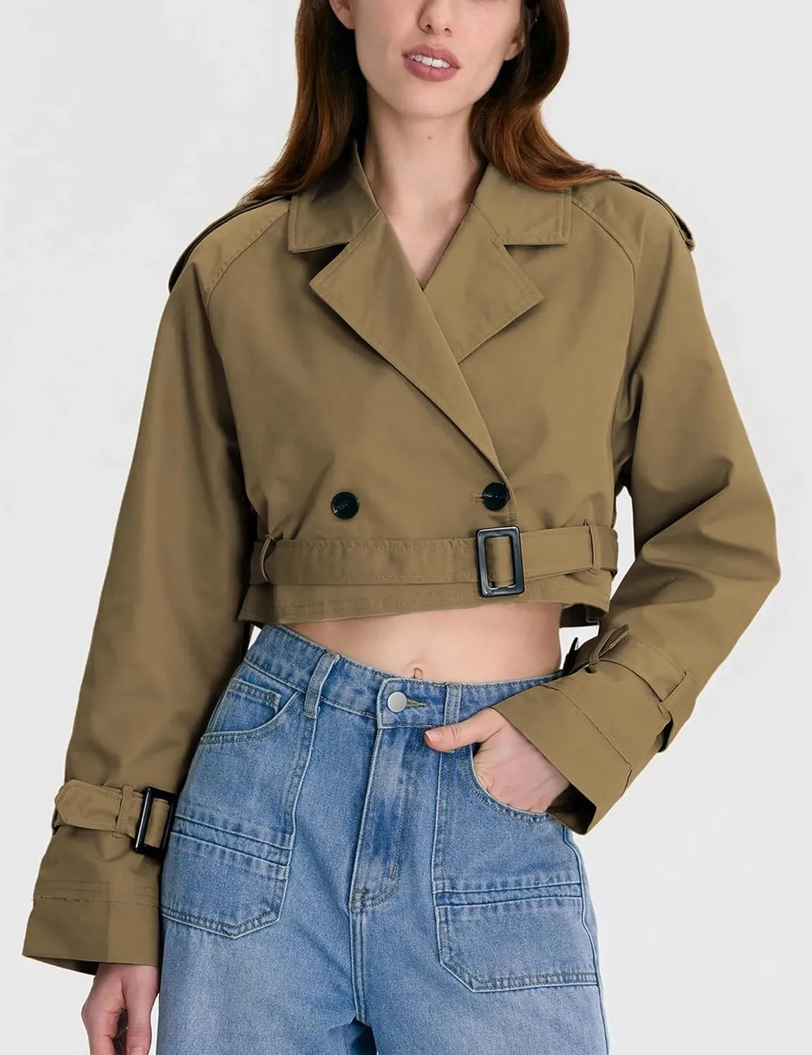 Xiaoxuemeng Womens Cropped Bike Jacket Casual Double Breasted Trench Coat with Belt