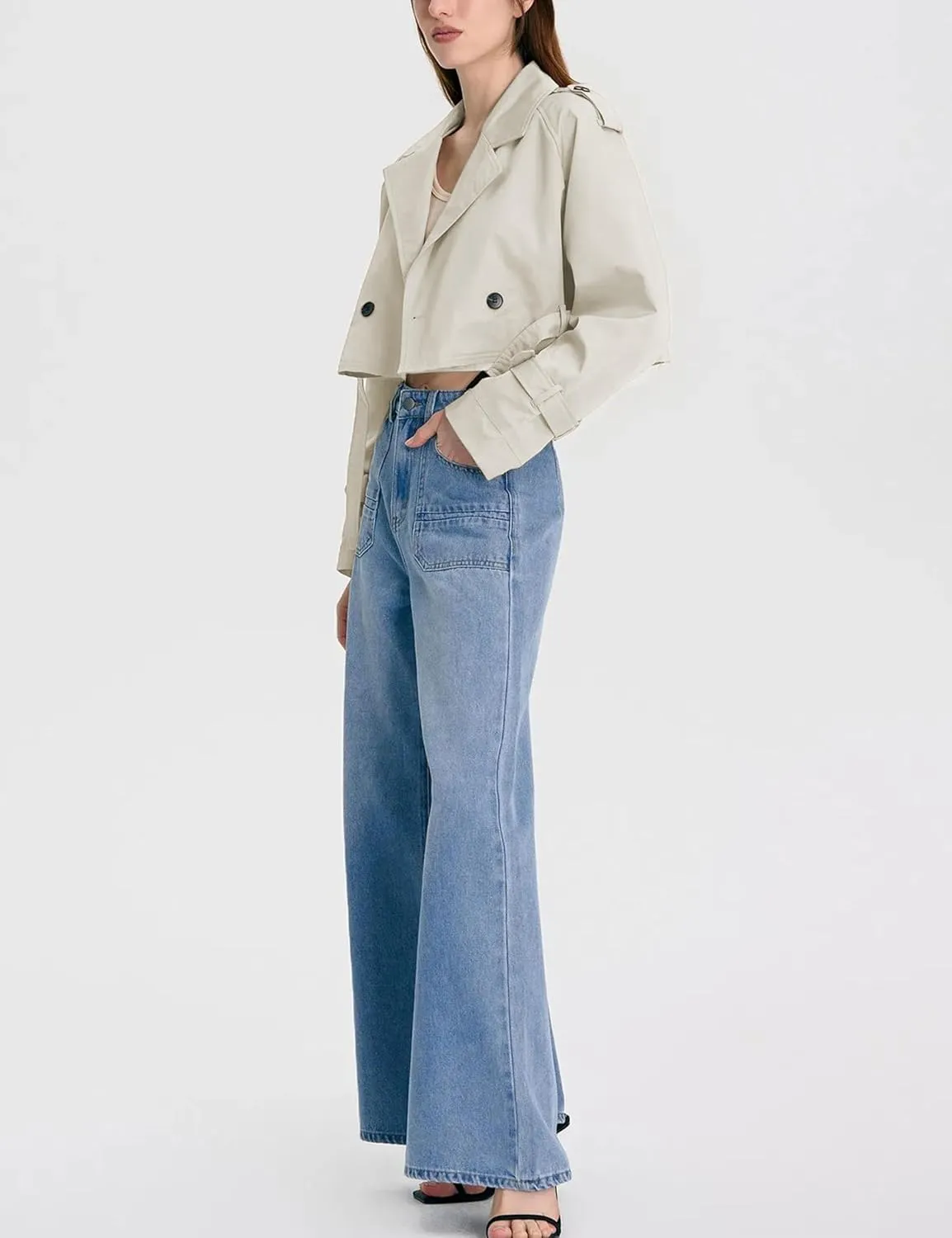 Xiaoxuemeng Womens Cropped Bike Jacket Casual Double Breasted Trench Coat with Belt