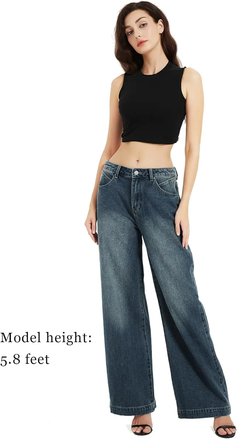 Xineicy Women's Jeans Wide Leg Baggy Jeans Low Waist Y2K Loose Boyfriends Denim Pants Vintage Streetwear