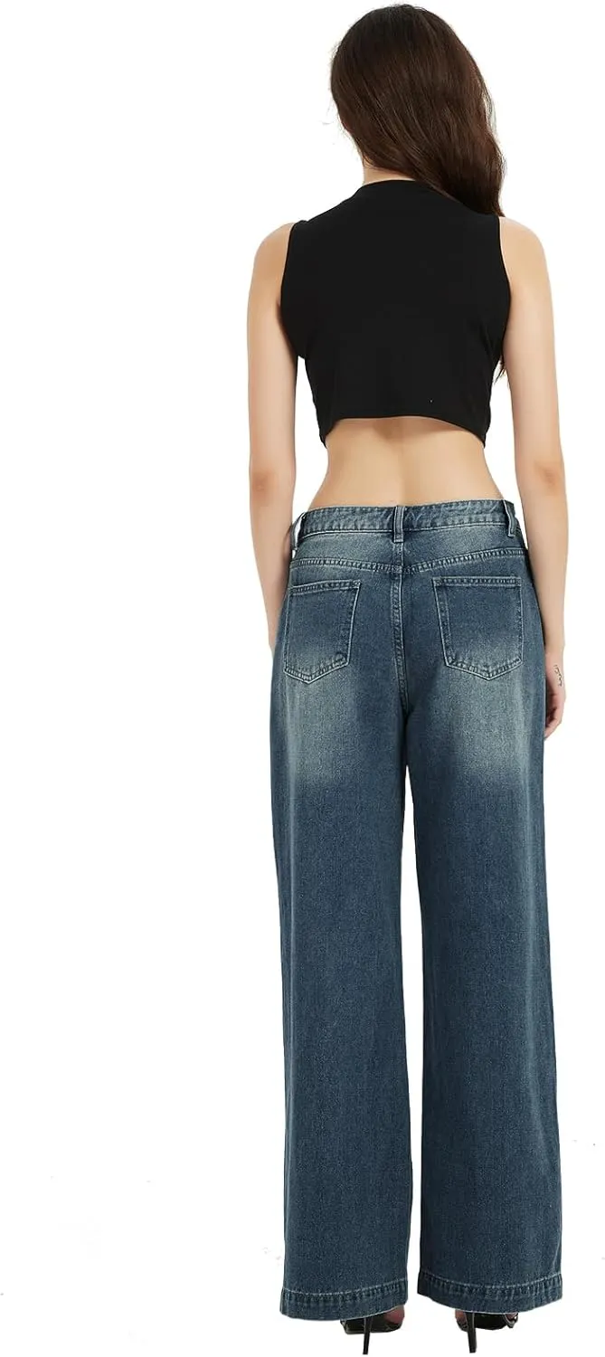 Xineicy Women's Jeans Wide Leg Baggy Jeans Low Waist Y2K Loose Boyfriends Denim Pants Vintage Streetwear