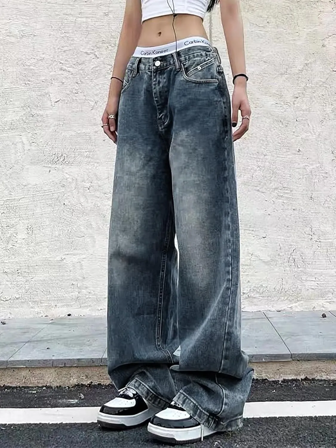 Xineicy Women's Jeans Wide Leg Baggy Jeans Low Waist Y2K Loose Boyfriends Denim Pants Vintage Streetwear