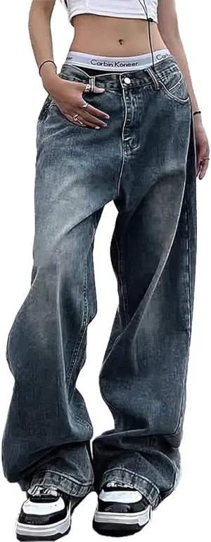 Xineicy Women's Jeans Wide Leg Baggy Jeans Low Waist Y2K Loose Boyfriends Denim Pants Vintage Streetwear