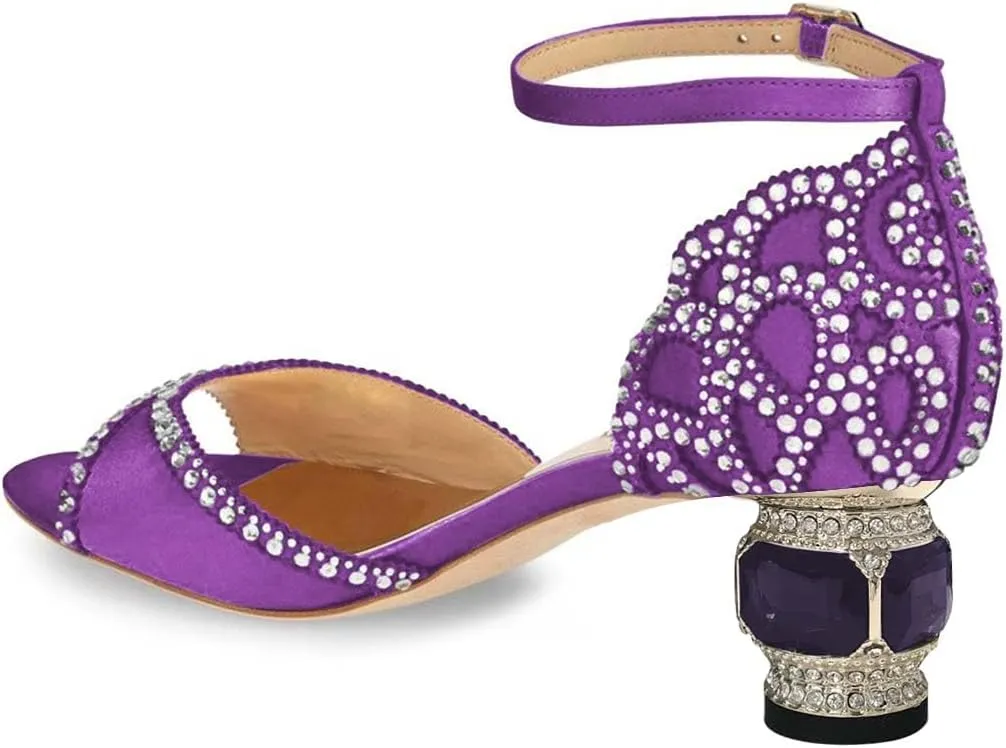 XYD Women Bridal Evening Heels Peep Toe Rhinestone Studs Block Low Heeled Sandals Ankle Strap Elegant Shoes for Wedding Party Dinner