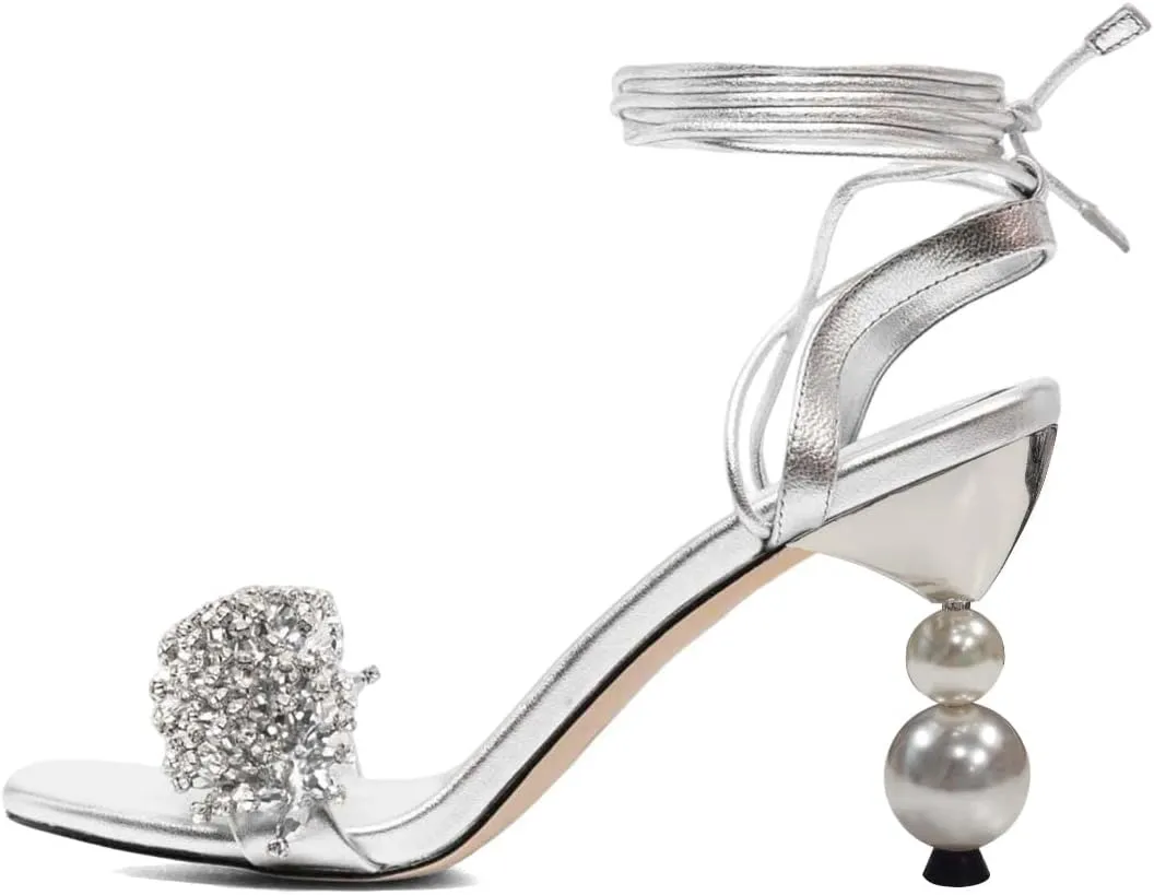 XYD Women Crystal Pearl High Heel 3.5 Inch Ankle Strappy Open Toe Sandals Lace Up Rhinestone Stylish Summer Pumps Evening Shoes