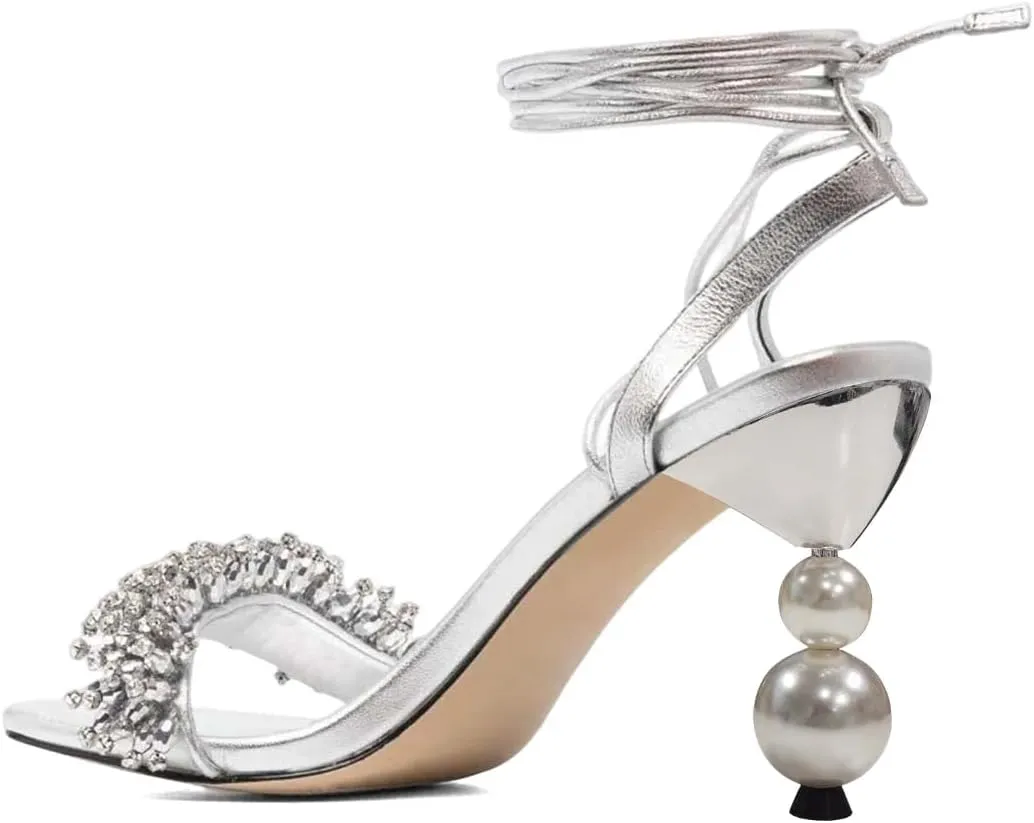XYD Women Crystal Pearl High Heel 3.5 Inch Ankle Strappy Open Toe Sandals Lace Up Rhinestone Stylish Summer Pumps Evening Shoes