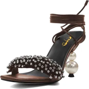 XYD Women Crystal Pearl High Heel 3.5 Inch Ankle Strappy Open Toe Sandals Lace Up Rhinestone Stylish Summer Pumps Evening Shoes