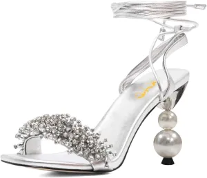 XYD Women Crystal Pearl High Heel 3.5 Inch Ankle Strappy Open Toe Sandals Lace Up Rhinestone Stylish Summer Pumps Evening Shoes