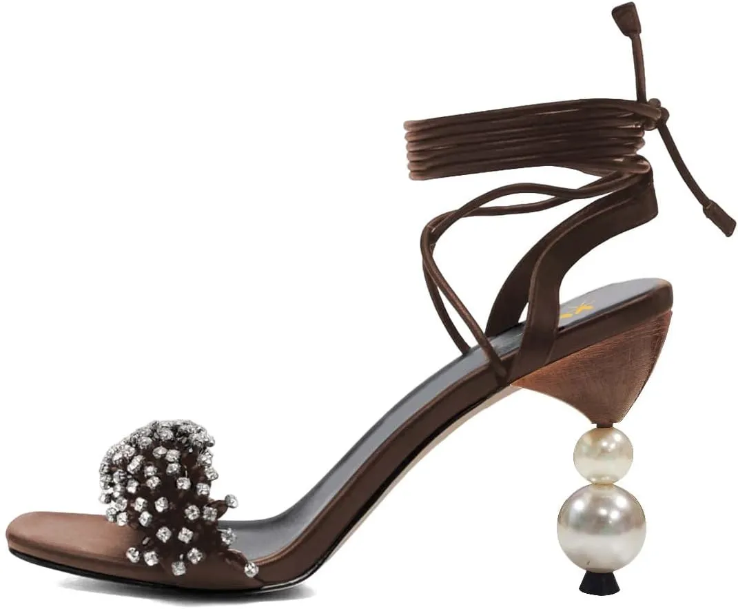 XYD Women Crystal Pearl High Heel 3.5 Inch Ankle Strappy Open Toe Sandals Lace Up Rhinestone Stylish Summer Pumps Evening Shoes
