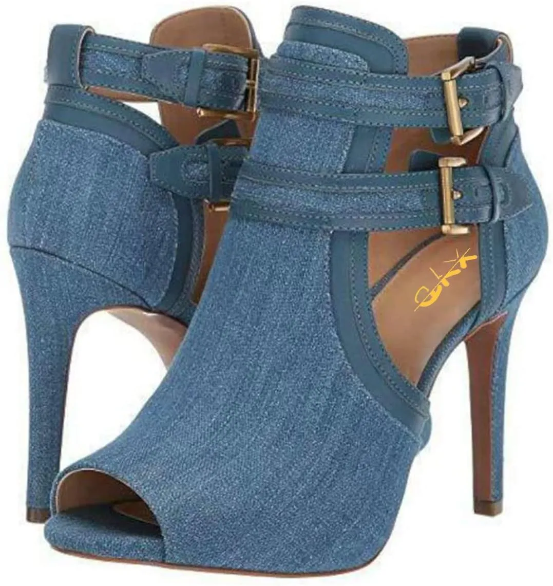 XYD Women Peep Toe Sandal Ankle Booties Dual Buckled Straps Stiletto Heels Stylish Cutout Event Party Pumps Shoes