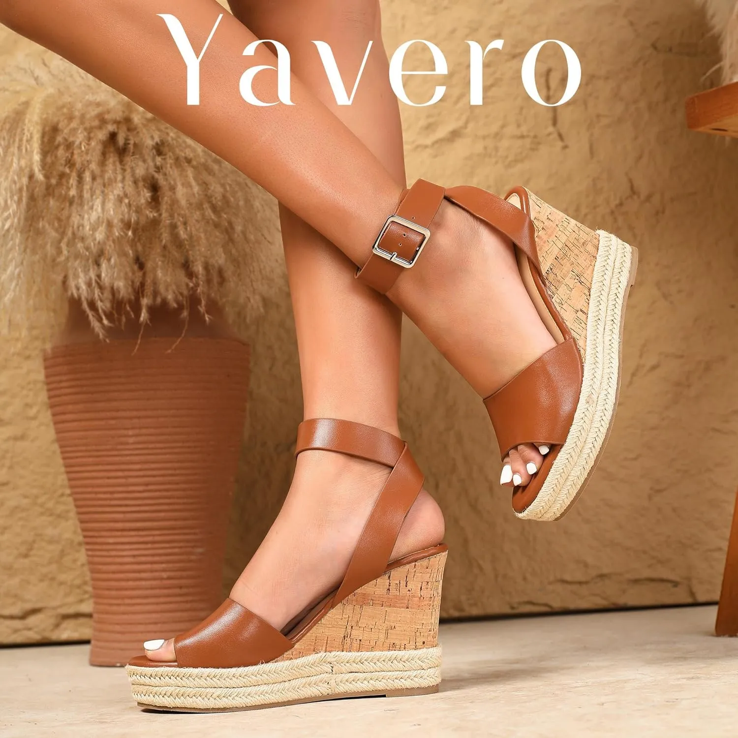 Yavero Women's Espadrille Wedge Sandals Open Toe Platform Sandals with Ankle Strap Stylish Cork Wedges for Summer