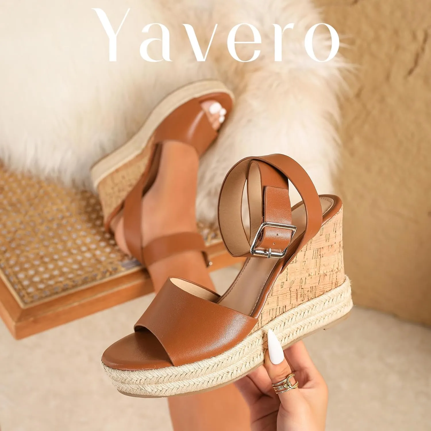 Yavero Women's Espadrille Wedge Sandals Open Toe Platform Sandals with Ankle Strap Stylish Cork Wedges for Summer