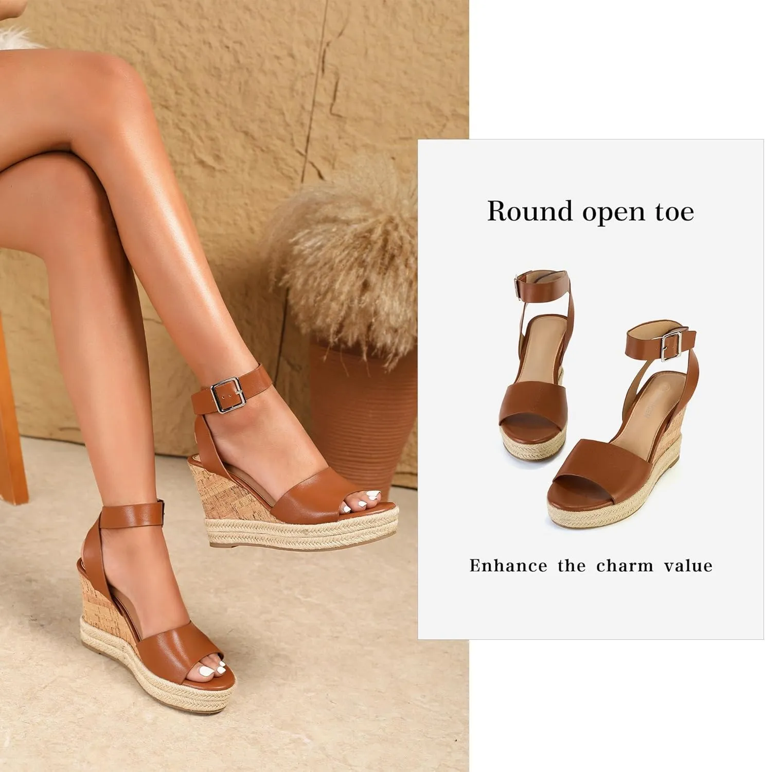 Yavero Women's Espadrille Wedge Sandals Open Toe Platform Sandals with Ankle Strap Stylish Cork Wedges for Summer
