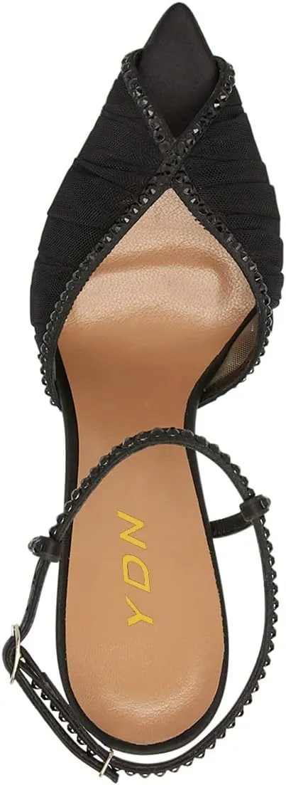 YDN Women’s Studded Rhinestone Slingback Sandals Peep Toe Strappy High Heels with Lace Mesh Satin Bridal Wedding Dressy Shoes Size 4-15 US