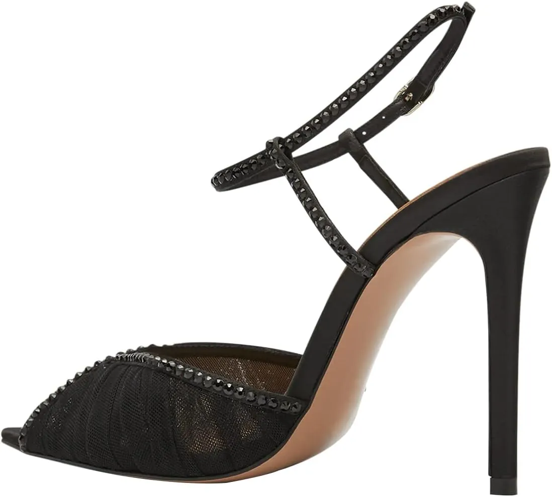 YDN Women’s Studded Rhinestone Slingback Sandals Peep Toe Strappy High Heels with Lace Mesh Satin Bridal Wedding Dressy Shoes Size 4-15 US
