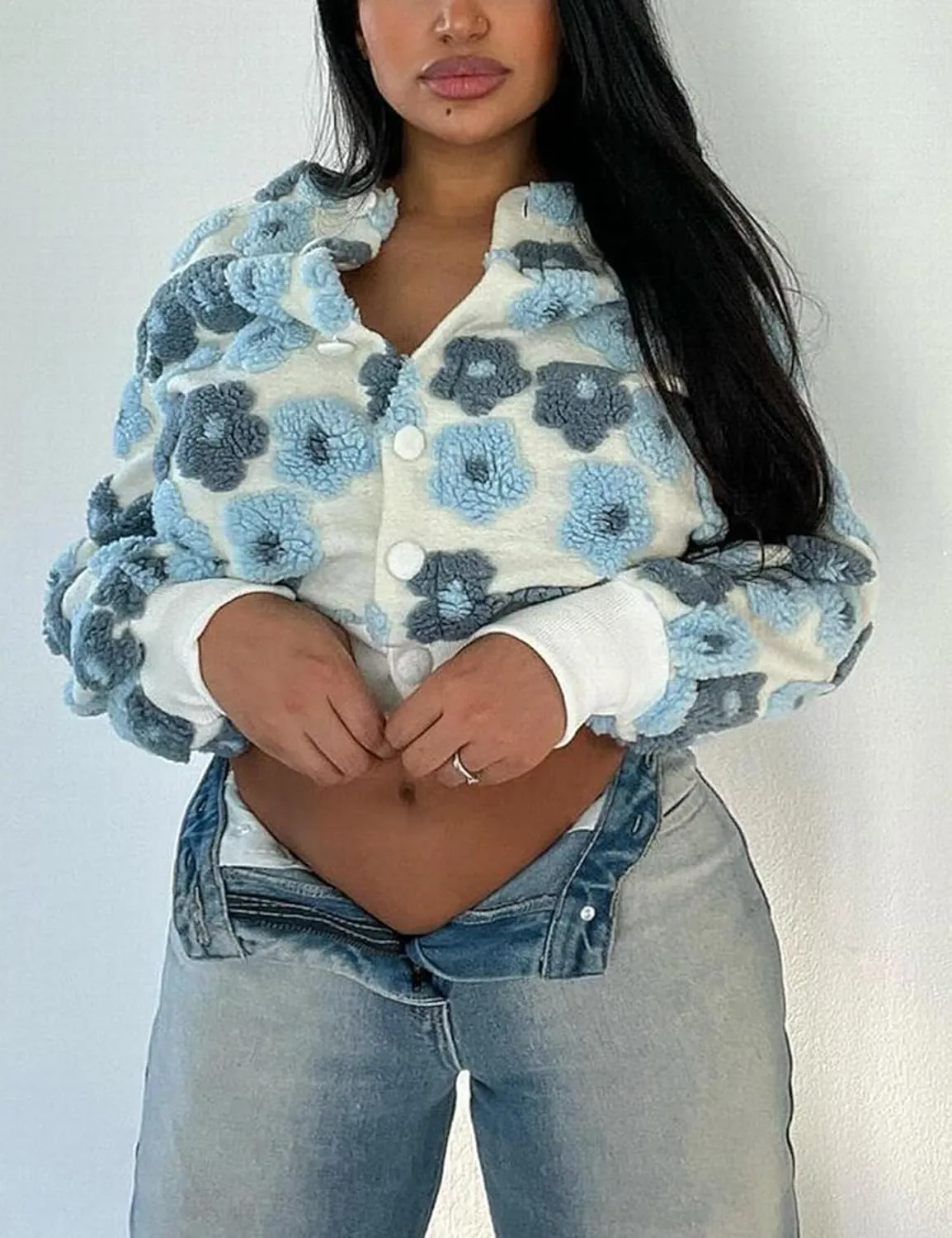 Yimoon Womens Cropped Floral Print Jacket Puff Sleeve Fleece Bomber Jacket Button Down Fall Winter Warm Outerwear