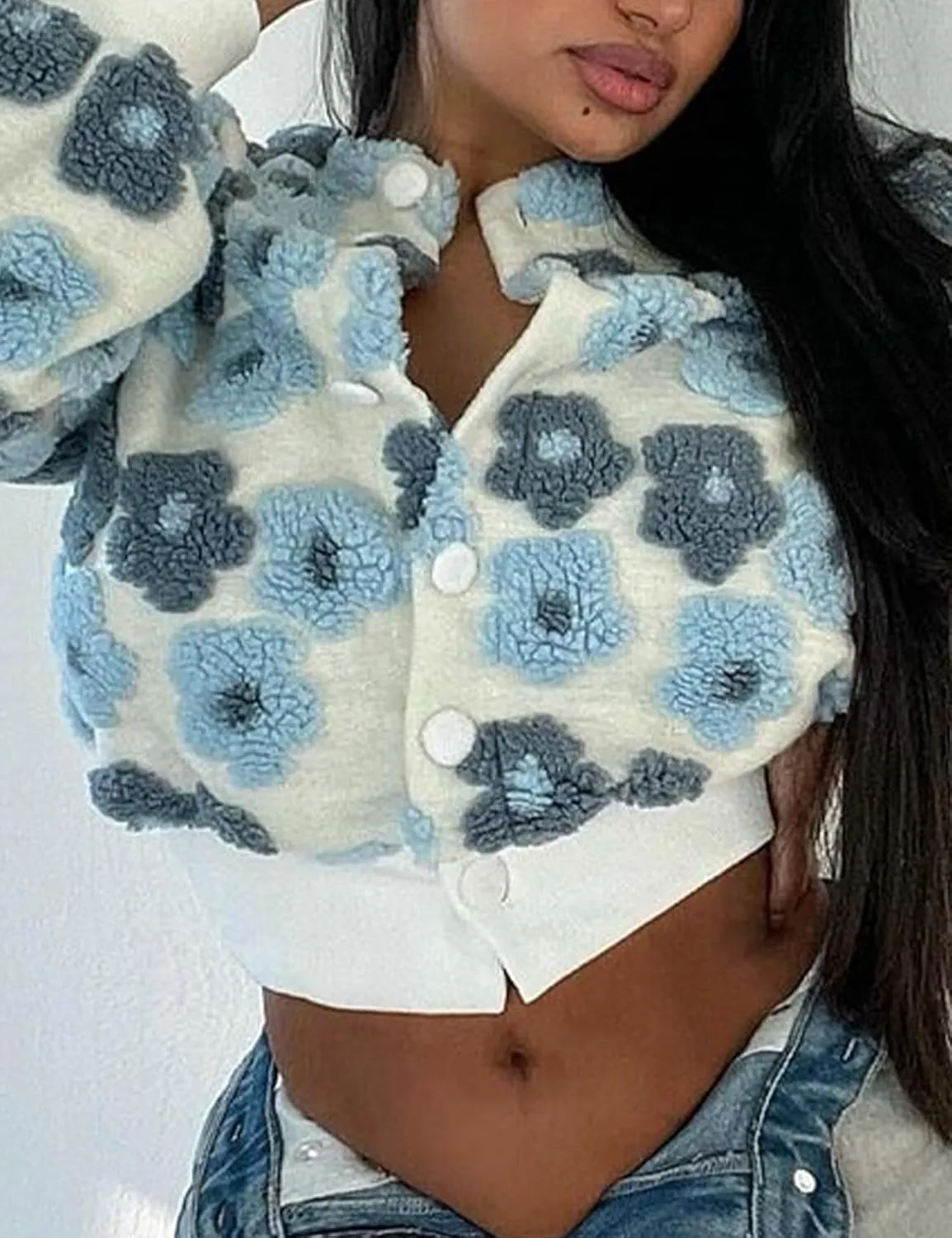 Yimoon Womens Cropped Floral Print Jacket Puff Sleeve Fleece Bomber Jacket Button Down Fall Winter Warm Outerwear