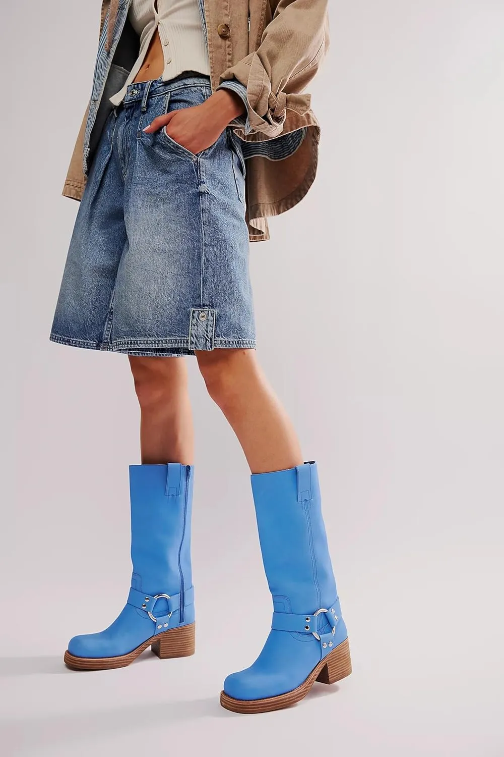 Yishaweiqi Women's Studds Biker Boots Chunky Heel Square Toe Knee High Boots Side Zipper Western Boots Fall Dress Riding Boots Motorcycle Boots