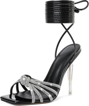 YODEKS Women's High Heel Sandals Strappy Stiletto High Heel Open Square Toe Shoes