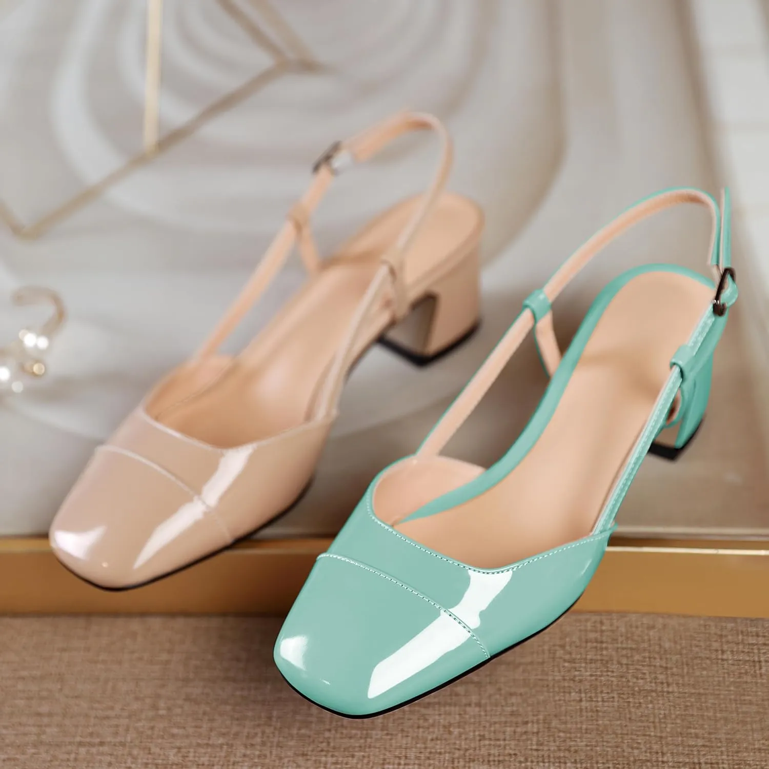 Zamikoo Women's Slingback Heels, Block Heel Pumps, Square Toe Low Heeled Dress Shoes for Ladies Wedding Party Office Evening