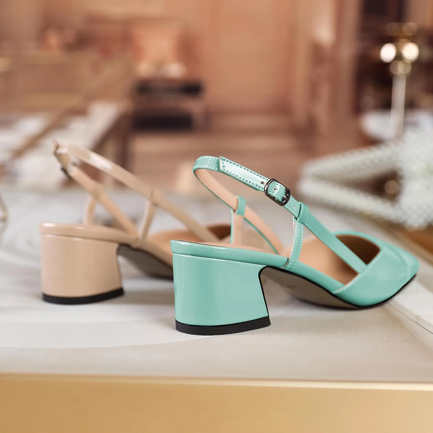 Zamikoo Women's Slingback Heels, Block Heel Pumps, Square Toe Low Heeled Dress Shoes for Ladies Wedding Party Office Evening