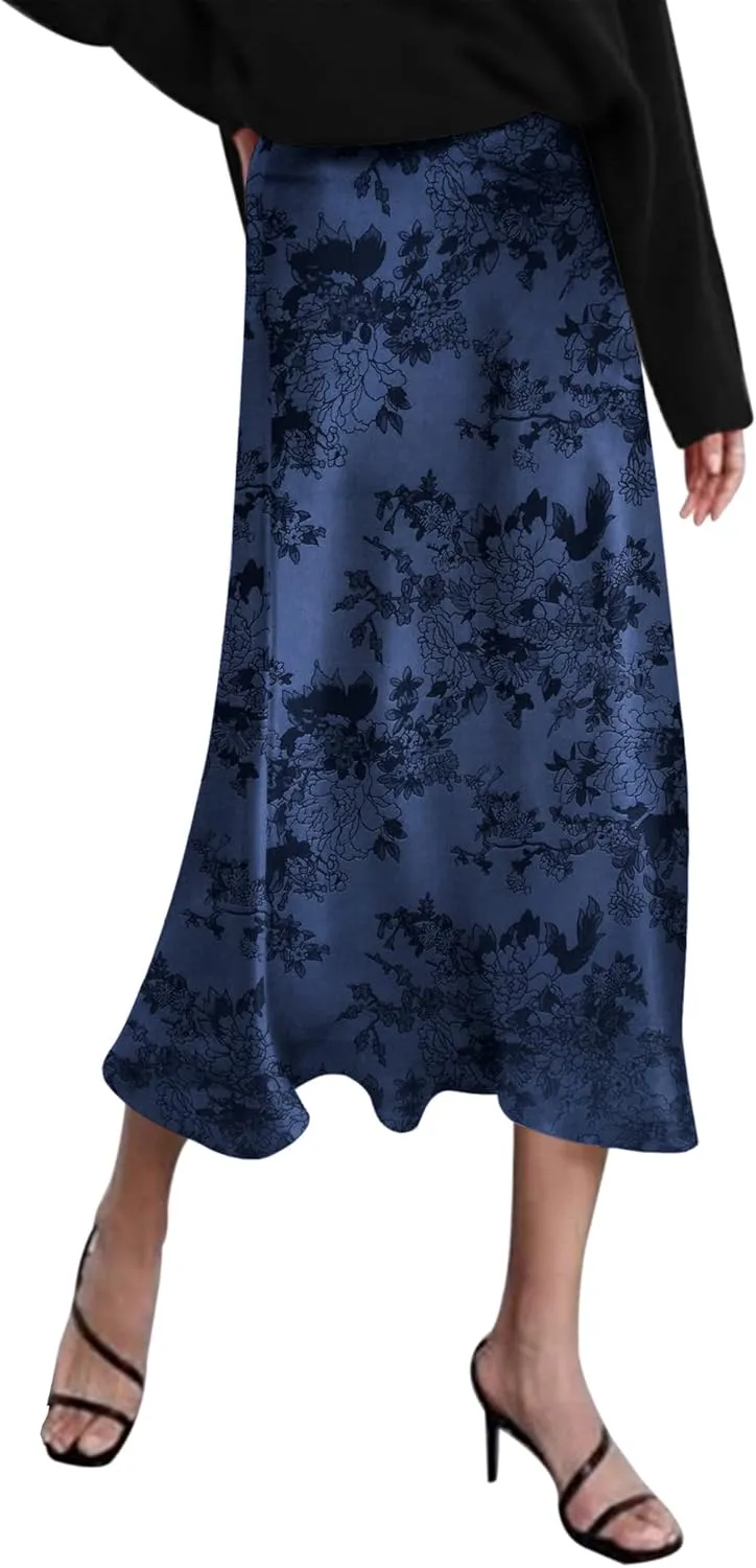 Zeagoo Skirts for Women Jacquard High Waist Skirt Black Elegant Midi Skirt Satin