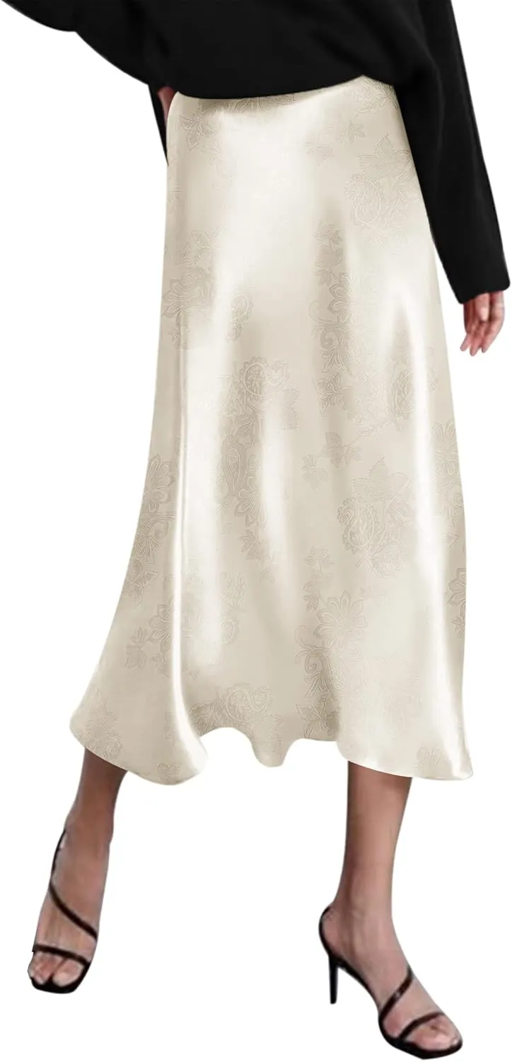 Zeagoo Skirts for Women Jacquard High Waist Skirt Black Elegant Midi Skirt Satin