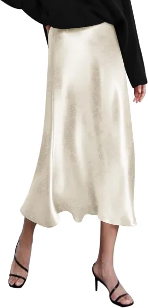 Zeagoo Skirts for Women Jacquard High Waist Skirt Black Elegant Midi Skirt Satin