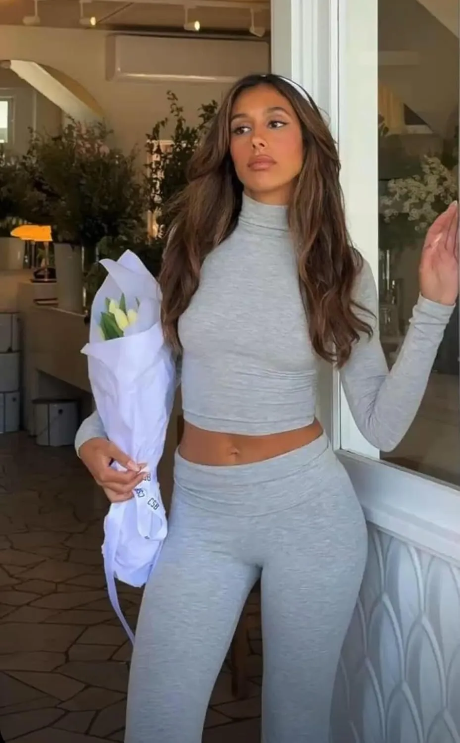ZFLM Casual Workout Two Piece Outfits Long Sleeve High Waist Fold-Over Flared Leggings Pants Tracksuit Sets Streetwear