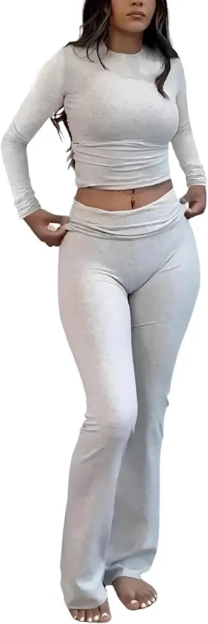 ZFLM Casual Workout Two Piece Outfits Long Sleeve High Waist Fold-Over Flared Leggings Pants Tracksuit Sets Streetwear