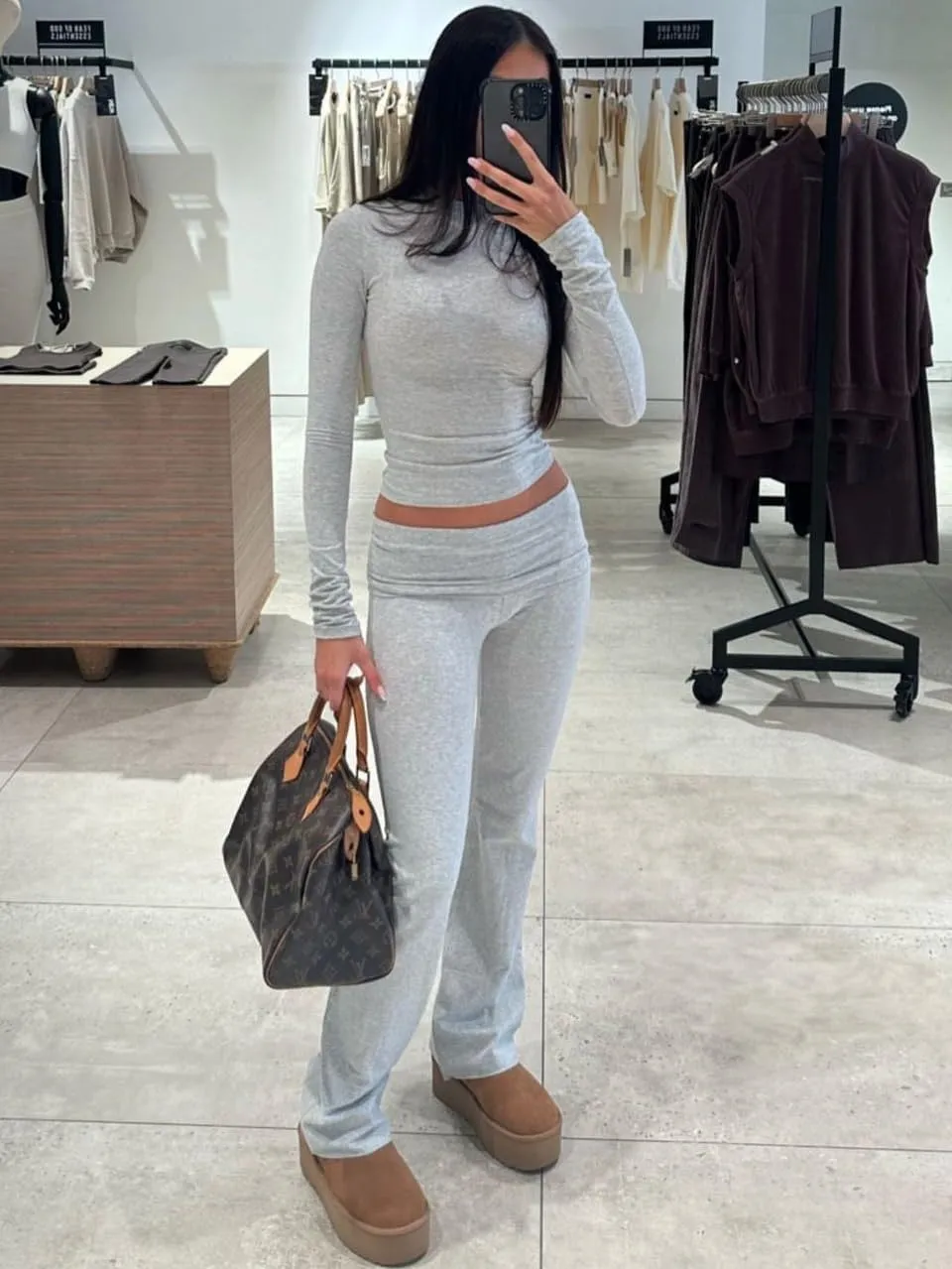 ZFLM Casual Workout Two Piece Outfits Long Sleeve High Waist Fold-Over Flared Leggings Pants Tracksuit Sets Streetwear