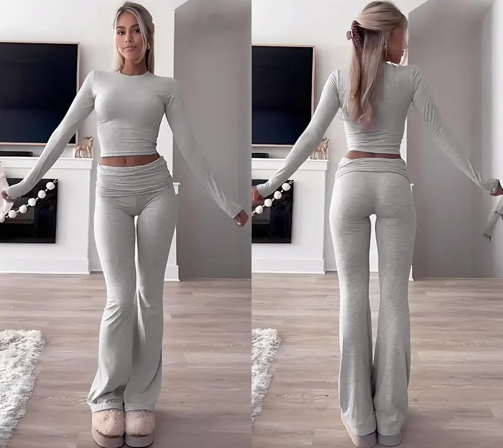 ZFLM Casual Workout Two Piece Outfits Long Sleeve High Waist Fold-Over Flared Leggings Pants Tracksuit Sets Streetwear