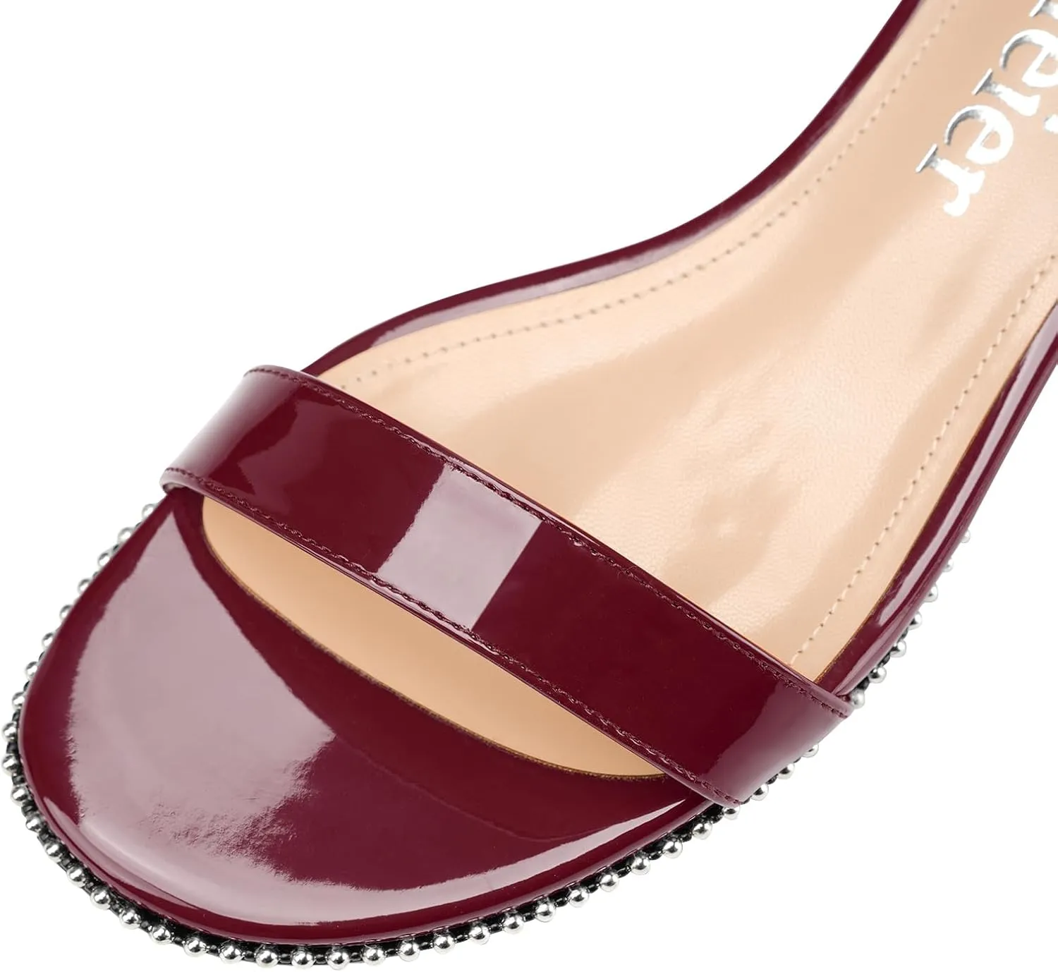 Z.Oufeier Women's Low Kitten Heels Open Peep Toe Ankle Strap Studded Buckle Dressy Heeled Sandals Beaded Patent Leather Summer Prom Party Shoes