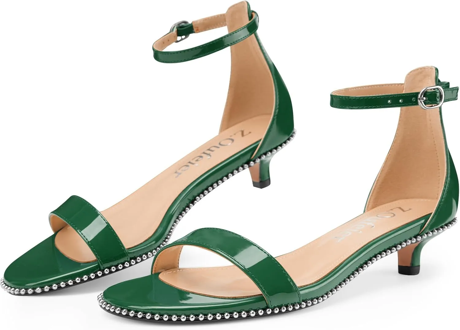 Z.Oufeier Women's Low Kitten Heels Open Peep Toe Ankle Strap Studded Buckle Dressy Heeled Sandals Beaded Patent Leather Summer Prom Party Shoes