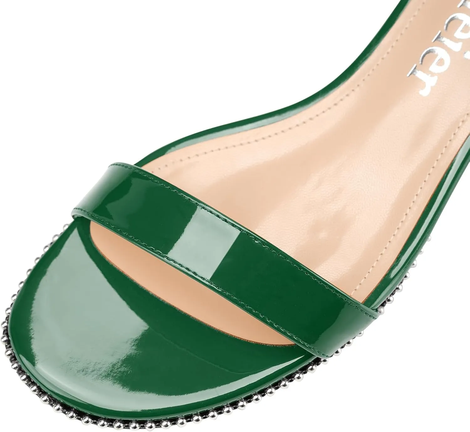 Z.Oufeier Women's Low Kitten Heels Open Peep Toe Ankle Strap Studded Buckle Dressy Heeled Sandals Beaded Patent Leather Summer Prom Party Shoes