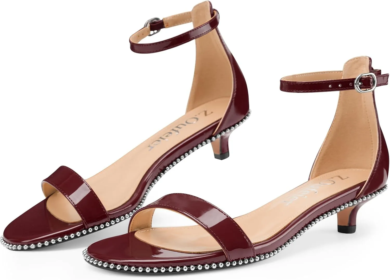 Z.Oufeier Women's Low Kitten Heels Open Peep Toe Ankle Strap Studded Buckle Dressy Heeled Sandals Beaded Patent Leather Summer Prom Party Shoes