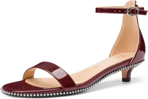 Z.Oufeier Women's Low Kitten Heels Open Peep Toe Ankle Strap Studded Buckle Dressy Heeled Sandals Beaded Patent Leather Summer Prom Party Shoes