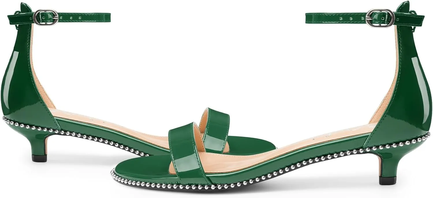Z.Oufeier Women's Low Kitten Heels Open Peep Toe Ankle Strap Studded Buckle Dressy Heeled Sandals Beaded Patent Leather Summer Prom Party Shoes