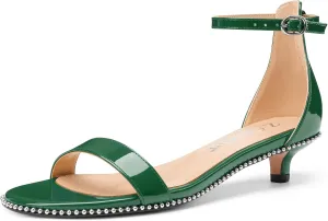 Z.Oufeier Women's Low Kitten Heels Open Peep Toe Ankle Strap Studded Buckle Dressy Heeled Sandals Beaded Patent Leather Summer Prom Party Shoes