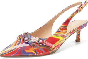 Z.Oufeier Women's Slingback Low Kitten Heels Closed Pointed Toe Buckle Straps Heeled Sandals Sexy Leather Dressy Shoes Pumps