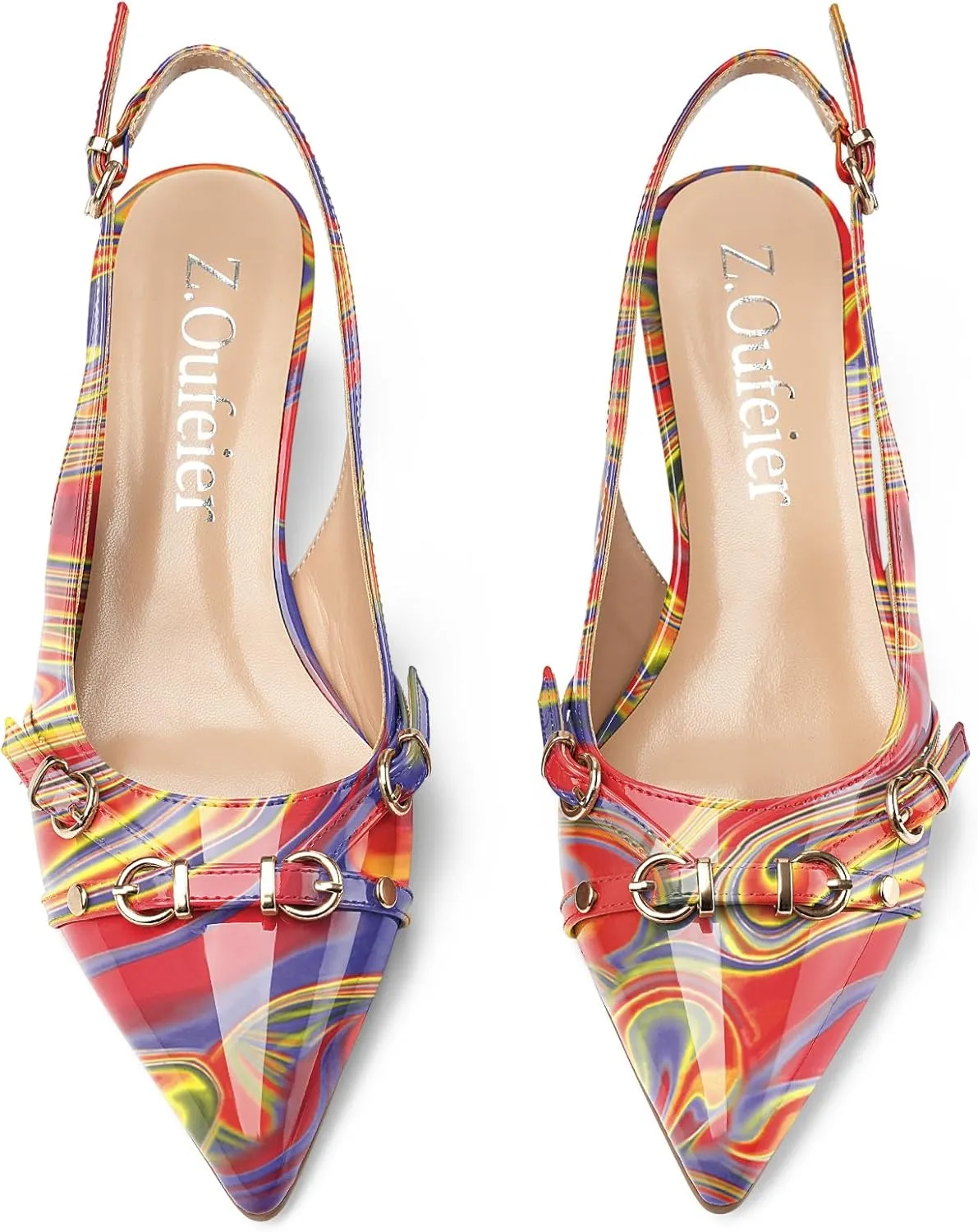 Z.Oufeier Women's Slingback Low Kitten Heels Closed Pointed Toe Buckle Straps Heeled Sandals Sexy Leather Dressy Shoes Pumps