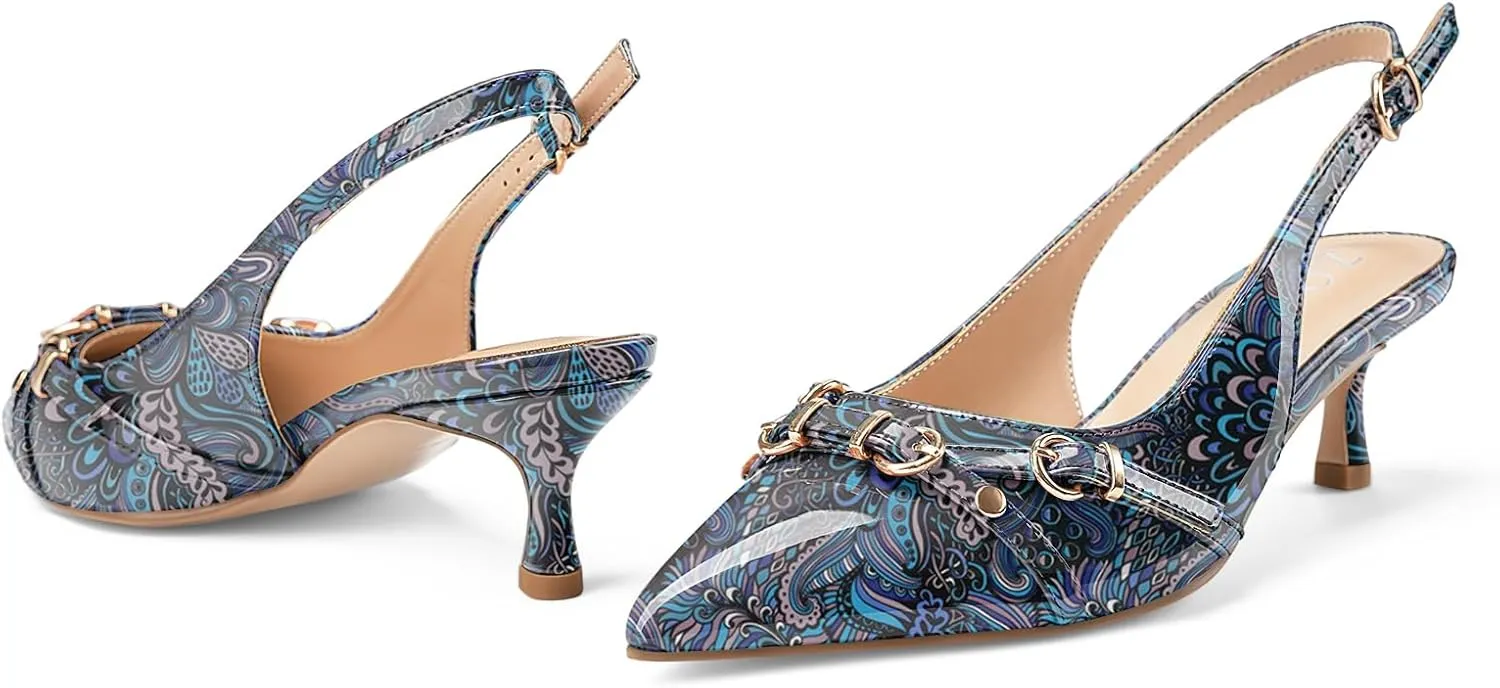 Z.Oufeier Women's Slingback Low Kitten Heels Closed Pointed Toe Buckle Straps Heeled Sandals Sexy Leather Dressy Shoes Pumps