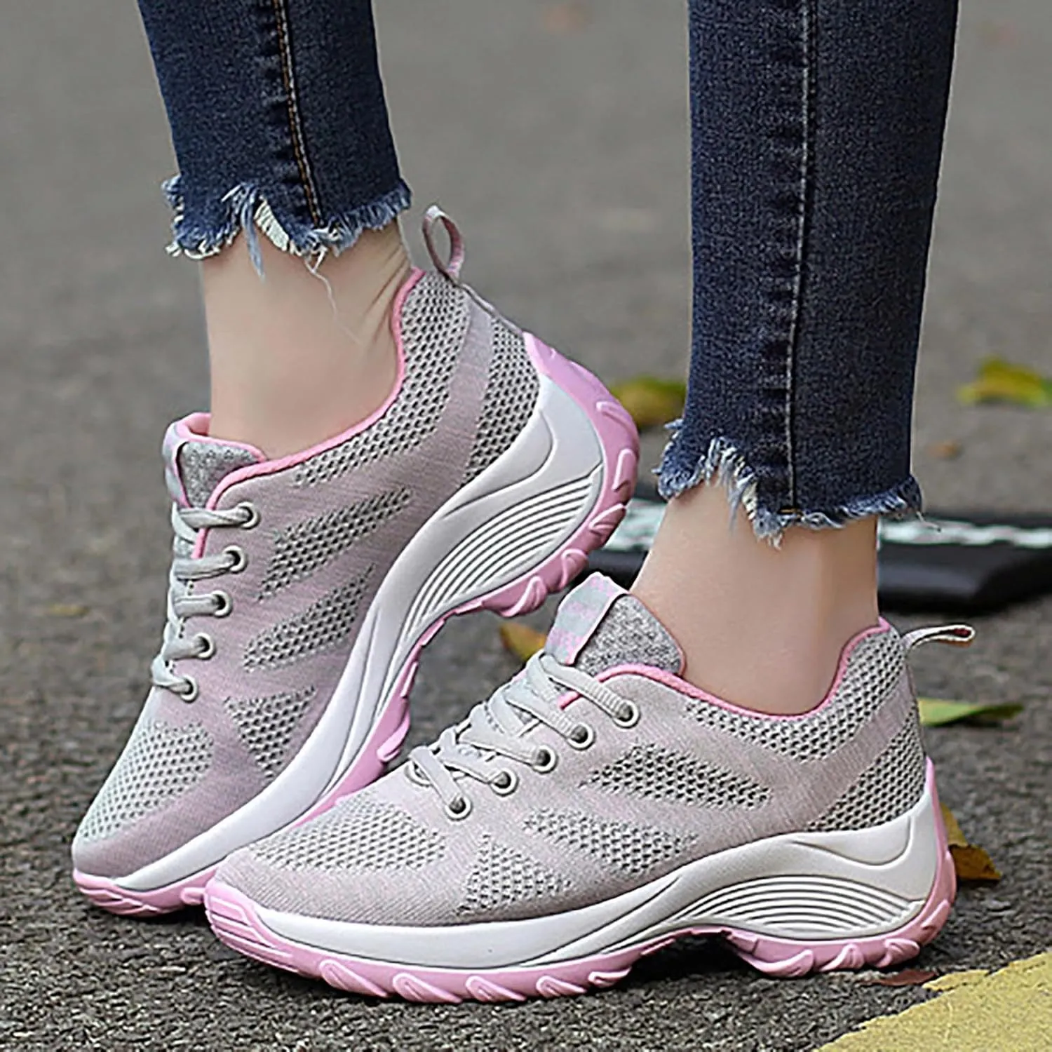 ZSpzx Orthopedic Walking Platform Shoes for Women Mesh Knit Breathable Running Sneakers Comfortable Non Slip Air Cushioned Arch Support Shoe Plantar Fasciitis Footwear Ladies Casual Footwear